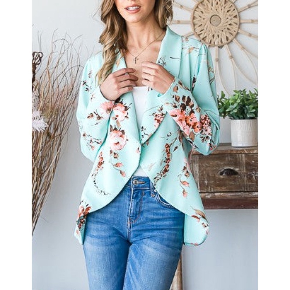 Heimish Womens Long Sleeve Floral Mint Blazer size 2x